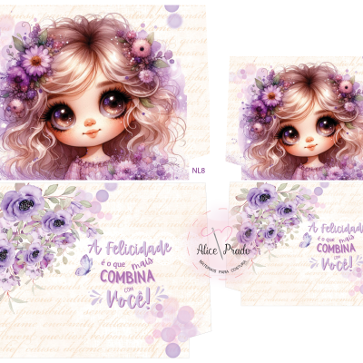 Caixa de presente ilustrada com menina e flores lilases, texto motivacional em português