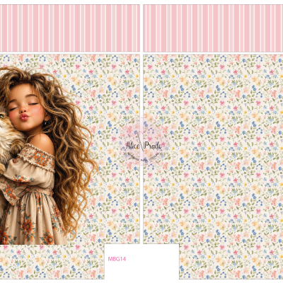 tecido floral com imagem de menina e gato e texto Alice Prado