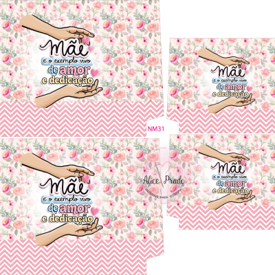 Caixas de papel decoradas com fundo floral e texto dedicado a mãe em português.