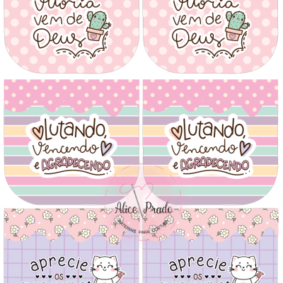 Adesivos coloridos com textos motivacionais em português e ilustrações de cacto e gato