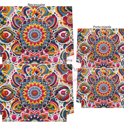 Conjunto necessaire e porta-moeda com padrão mandala colorido