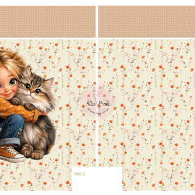 Painel tecido estampado com menina e gato em fundo floral creme e laranja