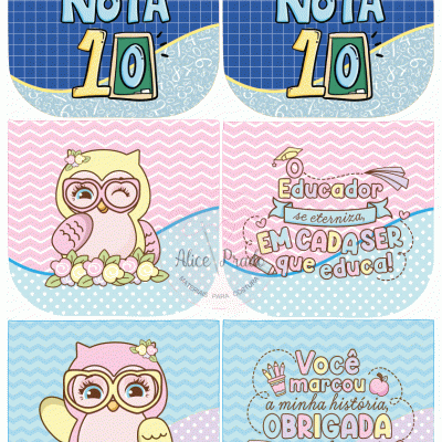 Seis ilustrações com textos de agradecimento a professores, corujas coloridas e padrões em fundo azul, rosa e cores suaves.