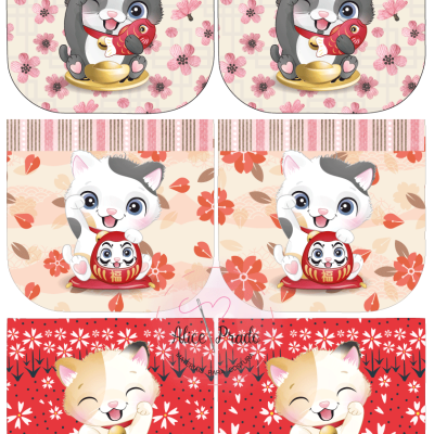 Seis estampas de gatos animados em fundos florais, cada par com o mesmo desenho em cores e elementos semelhantes.