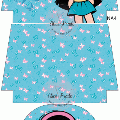 Padrão de tecido azul claro com borboletas e menina com cabelo preto e vestido azul e amarelo.