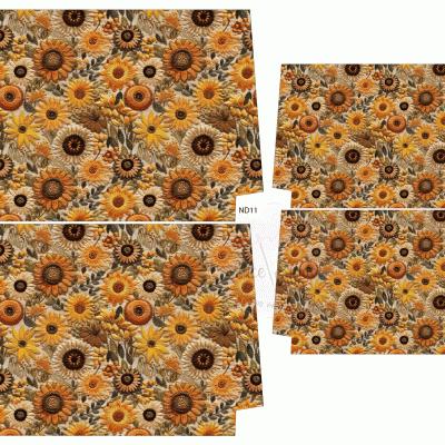 Tecido estampado com girassóis em amarelo, laranja e castanho com folhas verdes, cortes com etiquetas ND11 e M011