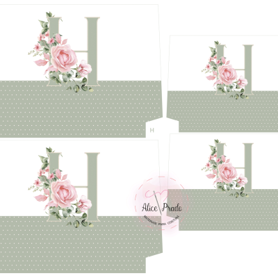 embalagens em papel decoradas com flores rosas e letra H em fundo branco
