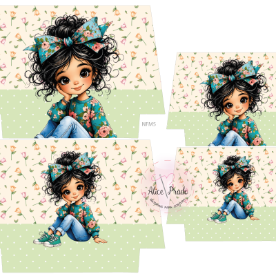 Molde caixa decorativa com desenho de menina de cabelo cacheado e roupa floral em fundo verde com bolinhas e flores