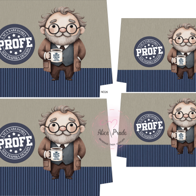 Cartões com caricatura de homem idoso e selo com texto PROFE
