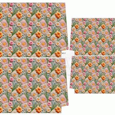 tecido com padrão floral colorido e etiquetas ND17