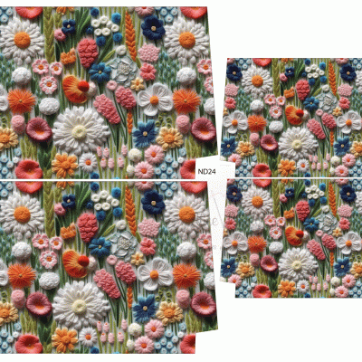 Padrão floral colorido em relevo com etiqueta ND24