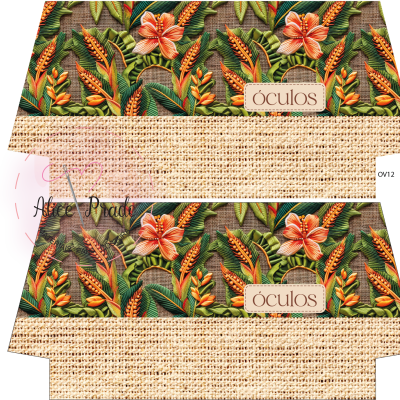 Embalagem para óculos com padrão floral e textura de ráfia