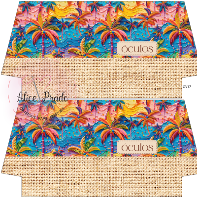 Embalagem para óculos com padrão colorido de palmeiras e textura de ráfia