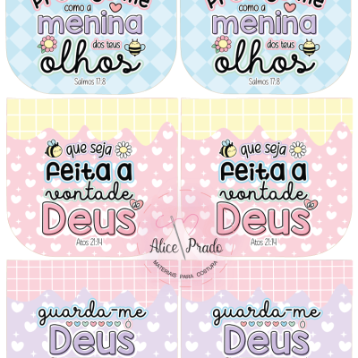 Etiquetas coloridas com texto religioso e padrões pastel