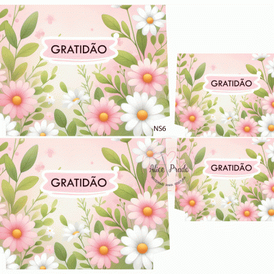 Caixas decorativas com flores e palavra 'GRATIDÃO' em rosa e verde