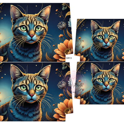 Estampa de tecido com gato azul e flores laranja e cinza