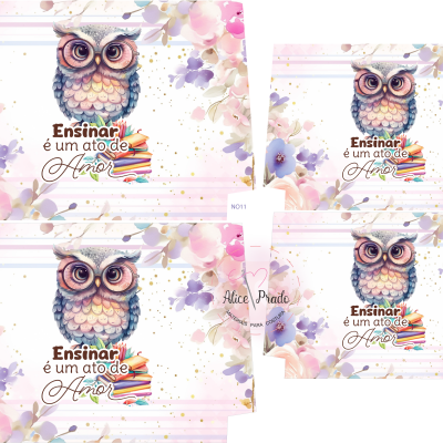 Placas decorativas com coruja e texto em Português sobre ensino e amor