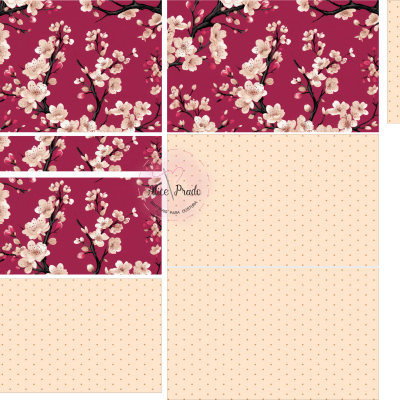 Padrões de tecido floridos e de bolinhas em fundo granada e bege