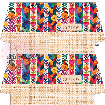 Embalagem colorida para óculos com padrão floral e texto ÓCULOS