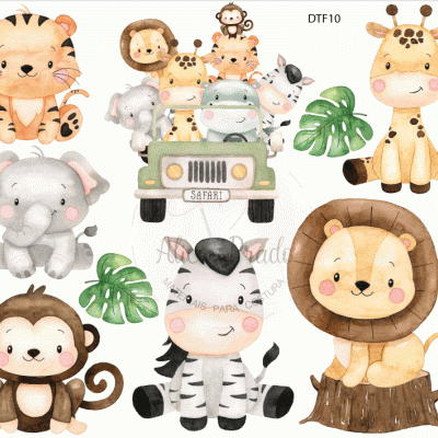 Ilustrações digitais de animais de safari em tons pastel com viatura verde e folhas tropicais