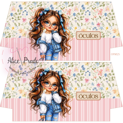 Tecido estampado com boneca de cabelo castanho, fundo floral e riscas. Texto óculos, Alice Prado e materiais para costura.