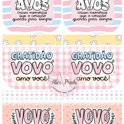 Estampas coloridas com frases carinhosas para avós e vovós em rosa, azul e amarelo, com padrões florais e de corações