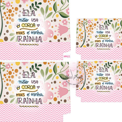 Bolsas de papel com padrão floral, texto motivacional e base rosa com ziguezague branco