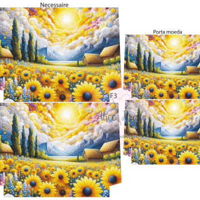 Conjunto de produtos com padrão de girassóis, árvores e montanhas, incluindo necessaire e porta moeda