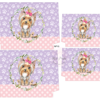 Quatro caixas decorativas com estampa de patas de cão lilás e bolinhas rosa, com ilustração de Yorkshire Terrier com flores na cabeça