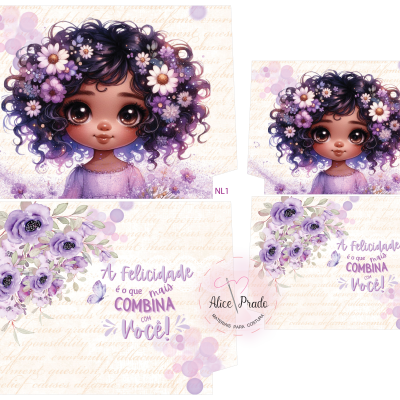 Caixa decorativa de papel com ilustração de menina e flores lilases e frase inspiradora.