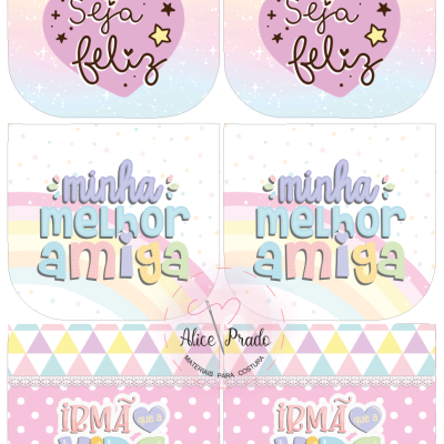 Cartões coloridos com mensagens em português sobre amizade e felicidade, em fundo rosa, branco e azul claro.