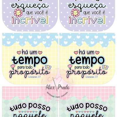 Etiquetas coloridas com textos motivacionais em português e decorações de corações, flores e abelhas