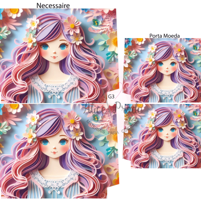 Necessaire e porta-moeda com ilustração de rapariga colorida e flores