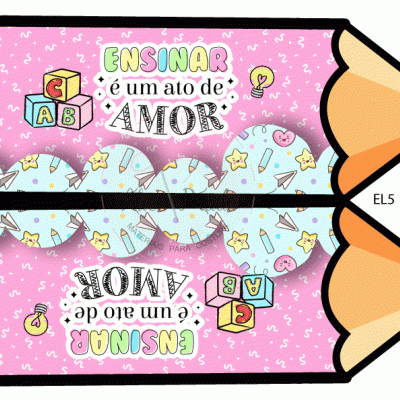 Dois lápis cor-de-rosa com padrão de estrelas, texto colorido ENSINAR é um ato de AMOR, cubos ABC e código EL5