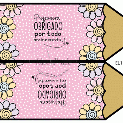 Ilustrações em forma de lápis rosa com flores amarelas e texto de agradecimento para professora