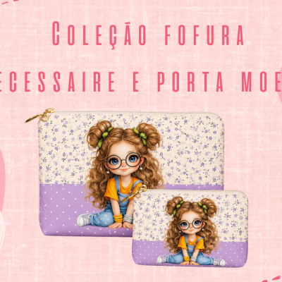 Necessaire e porta moeda lilás e creme com padrão floral e ilustração de menina com óculos