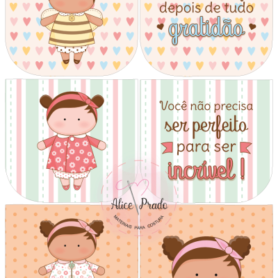 Ilustrações cor-de-rosa e amarelo de bonecas e textos inspiradores em português com fundo de corações e listras