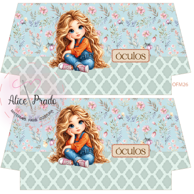 Caixa decorativa de papel com padrão floral e imagem de menina loira sentada.