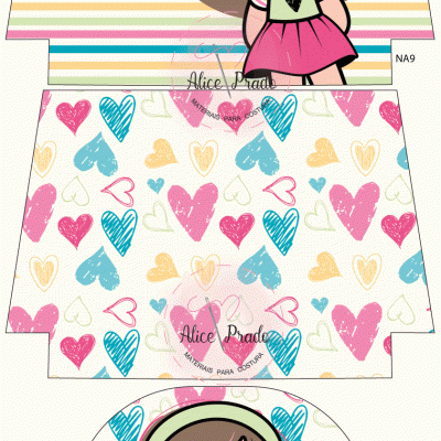 Moldes para caixa com padrão de corações coloridos e menina ilustrada