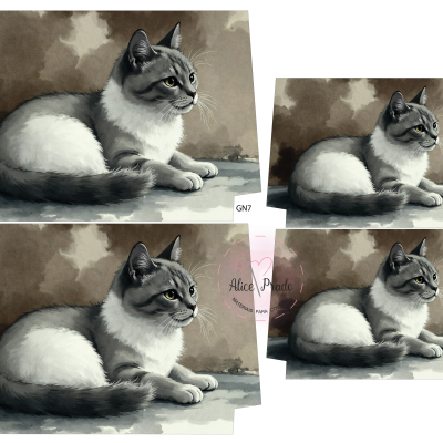 Estampas de gato cinza e branco para costura com fundo neutro e etiquetas visíveis