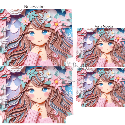 Artigos com estampa de menina em papel recortado, com flores e borboletas, texto NECESSAIRE e PORTA MOEDA