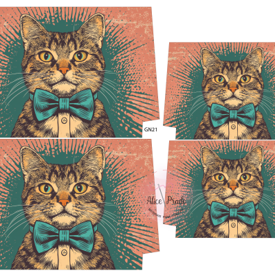 Estampas com gato de gravata em fundo verde e salmão