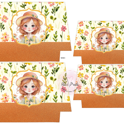 design de papel para caixa com padrão de flores coloridas e ilustração de menina com chapéu