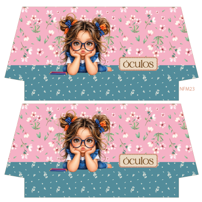 Tecido ou embalagem com desenho de menina de óculos e flores e texto óculos.