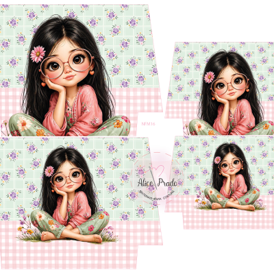 Embalagem com ilustração de menina com óculos e roupa florida sobre fundo xadrez e floral