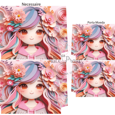 Produtos ilustrados com rapariga de cabelo colorido em tons pastel e flores em fundo claro