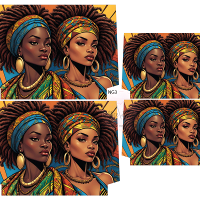 Ilustração de duas mulheres afro com turbantes coloridos e joias douradas sobre fundo geométrico