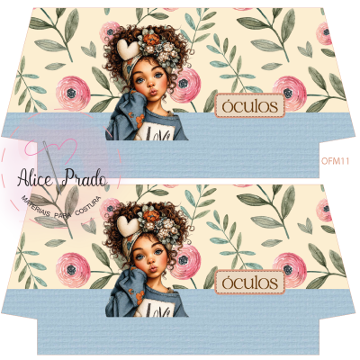 Tecido com padrão ilustrativo de menina e flores para costura com texto óculos.
