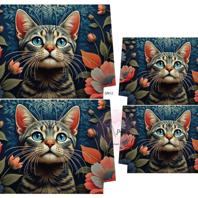 tecidos estampados com gato de olhos azuis e flores coloridas em fundo azul