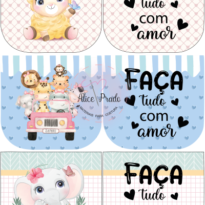 Três estampas infantis com animais e a frase 'FAÇA tudo com amor' em fundo decorado.